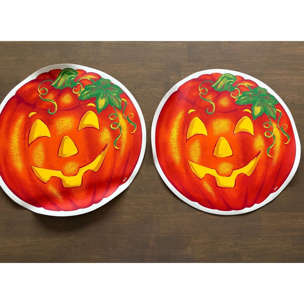 Vintage Pair Of Pumpkin/Jack-O-Lantern Round Vinyl Foam Placemats